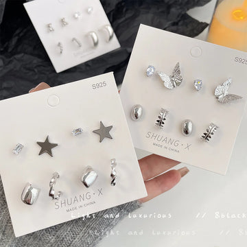 DAIIIBABYYY  -  Silver Plated Elegant INS Style Butterfly Star Stud Earrings Set Women Korean Fashion Simple Geometric Earring Jewelry